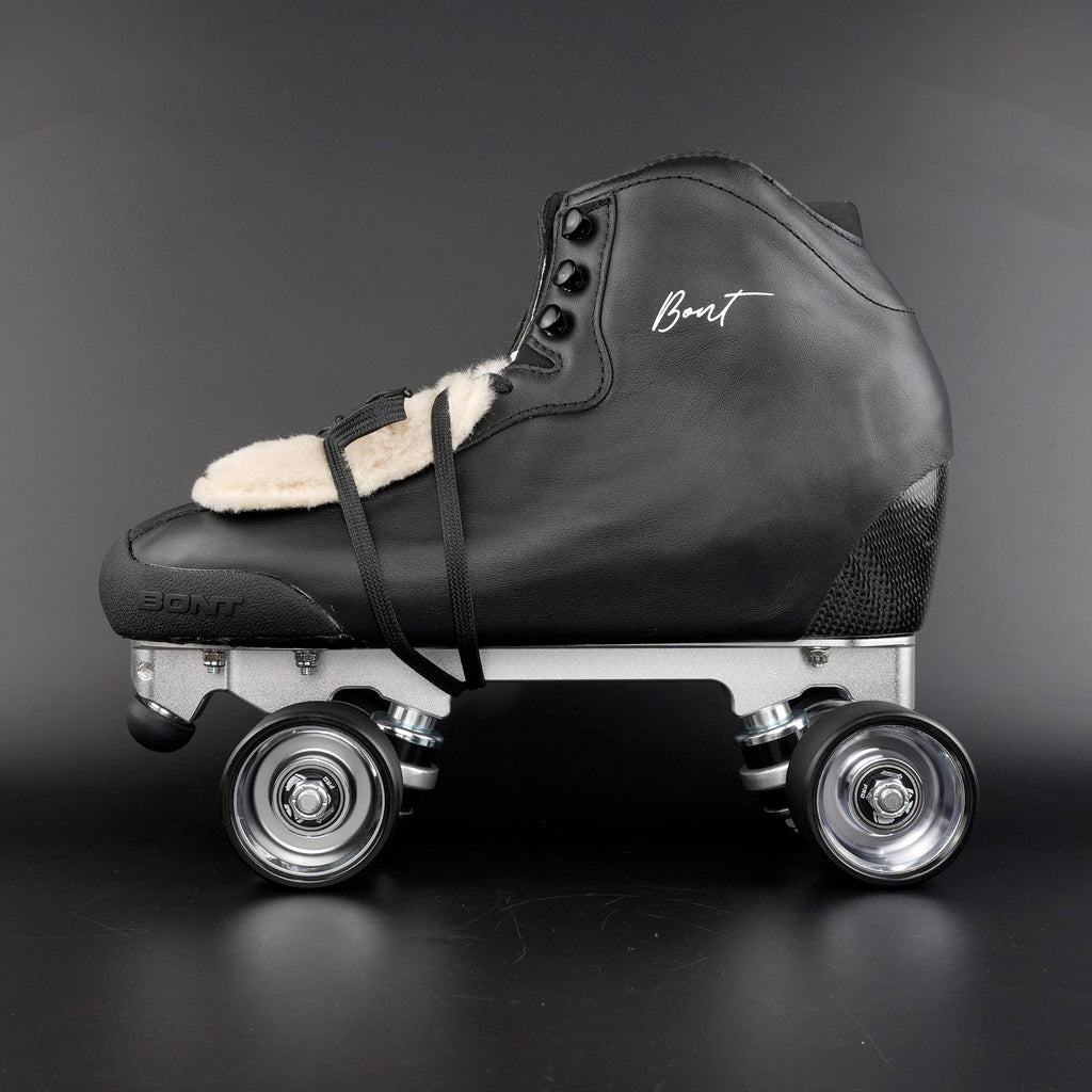 Side view of a rhythm roller skate with carbon fiber base