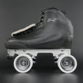Side view of a rhythm roller skate with carbon fiber base