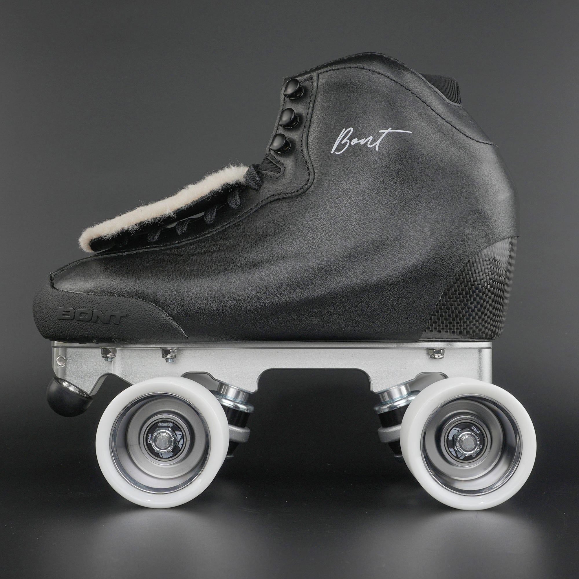 Side view of a rhythm roller skate with carbon fiber base
