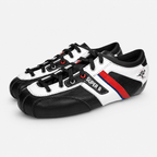Racing boot shown from above with the leather upper, laces, and close-fitting design