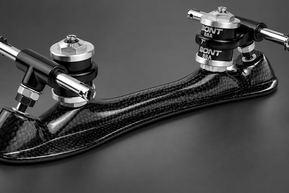 Close-up of the curved carbon fiber body and gloss woven finish