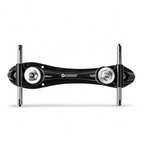 Top-down view of the gloss carbon plate, Bont logo, mounting holes, and clip axles