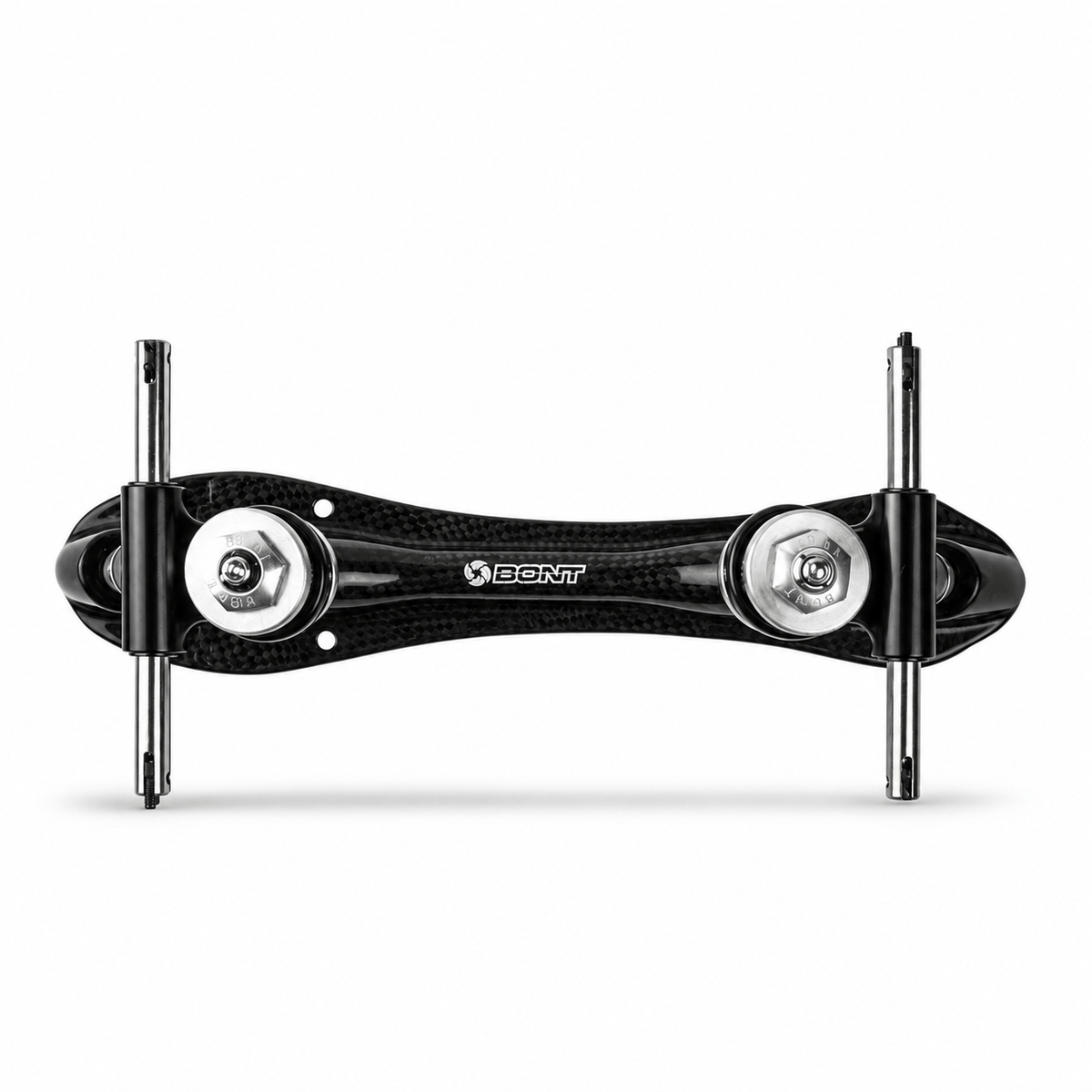 Top-down view of the gloss carbon plate, Bont logo, mounting holes, and clip axles