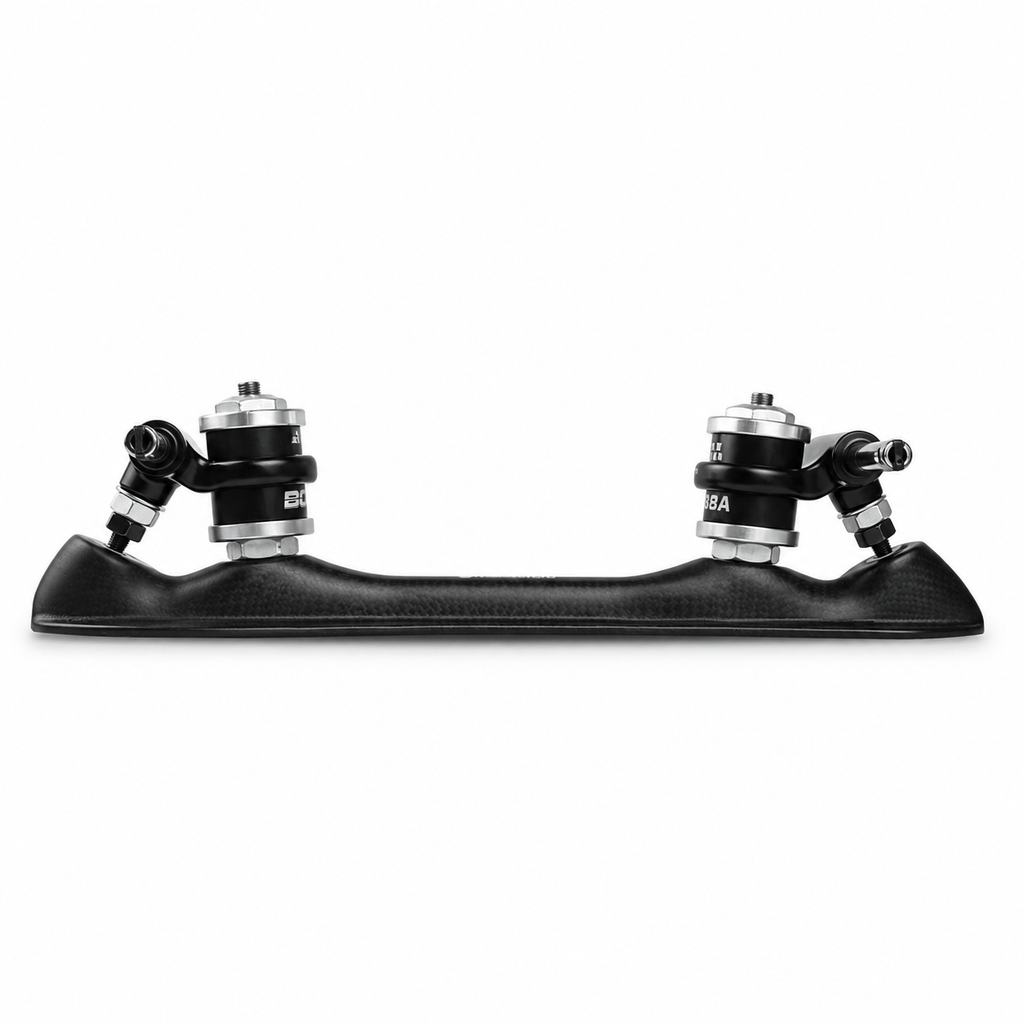 Side profile showing the curved matte carbon body and double-barrel cushion assemblies