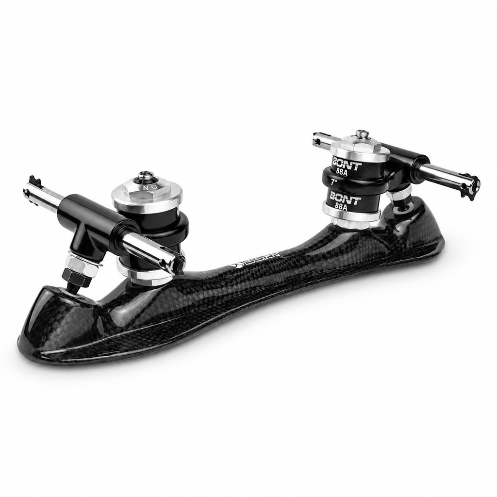 Gloss carbon fiber speed plate shown at an angle with its curved body and 7-degree trucks