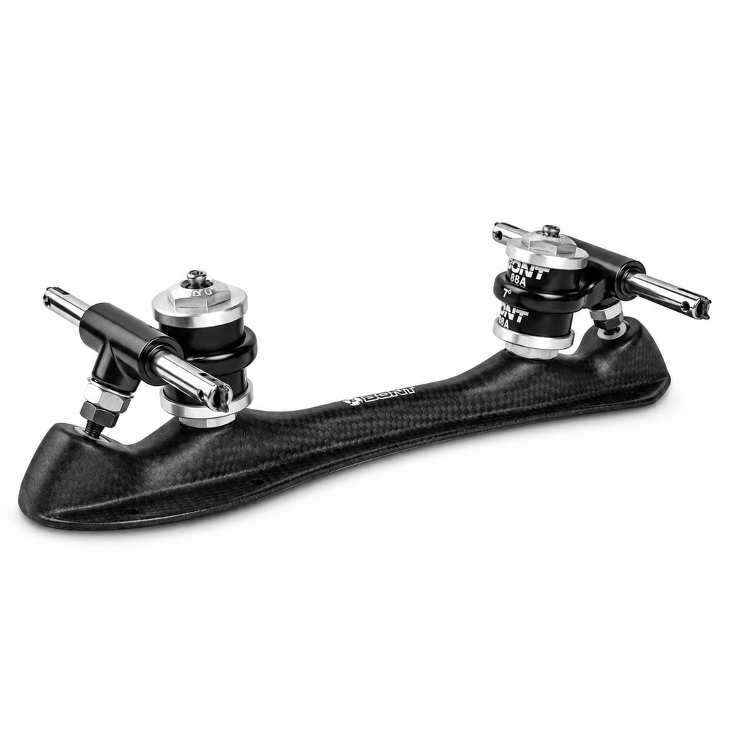 Matte Zeus Carbon NTS roller skate plate with black trucks and silver quick-release axles