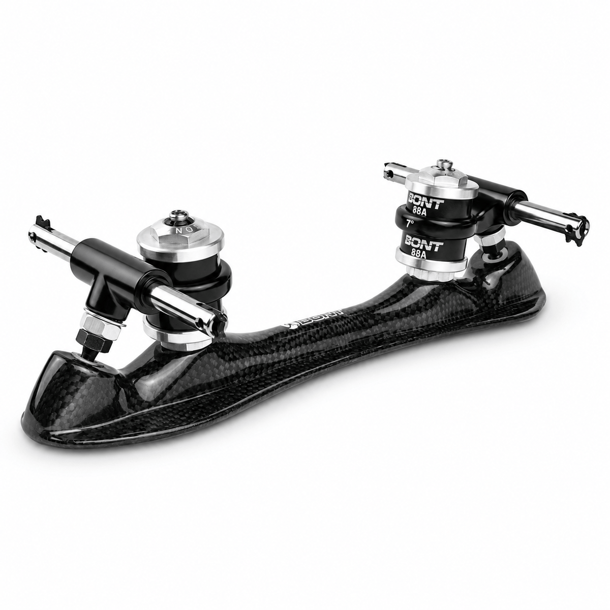 Gloss carbon fiber speed plate shown at an angle with its curved body and 7-degree trucks
