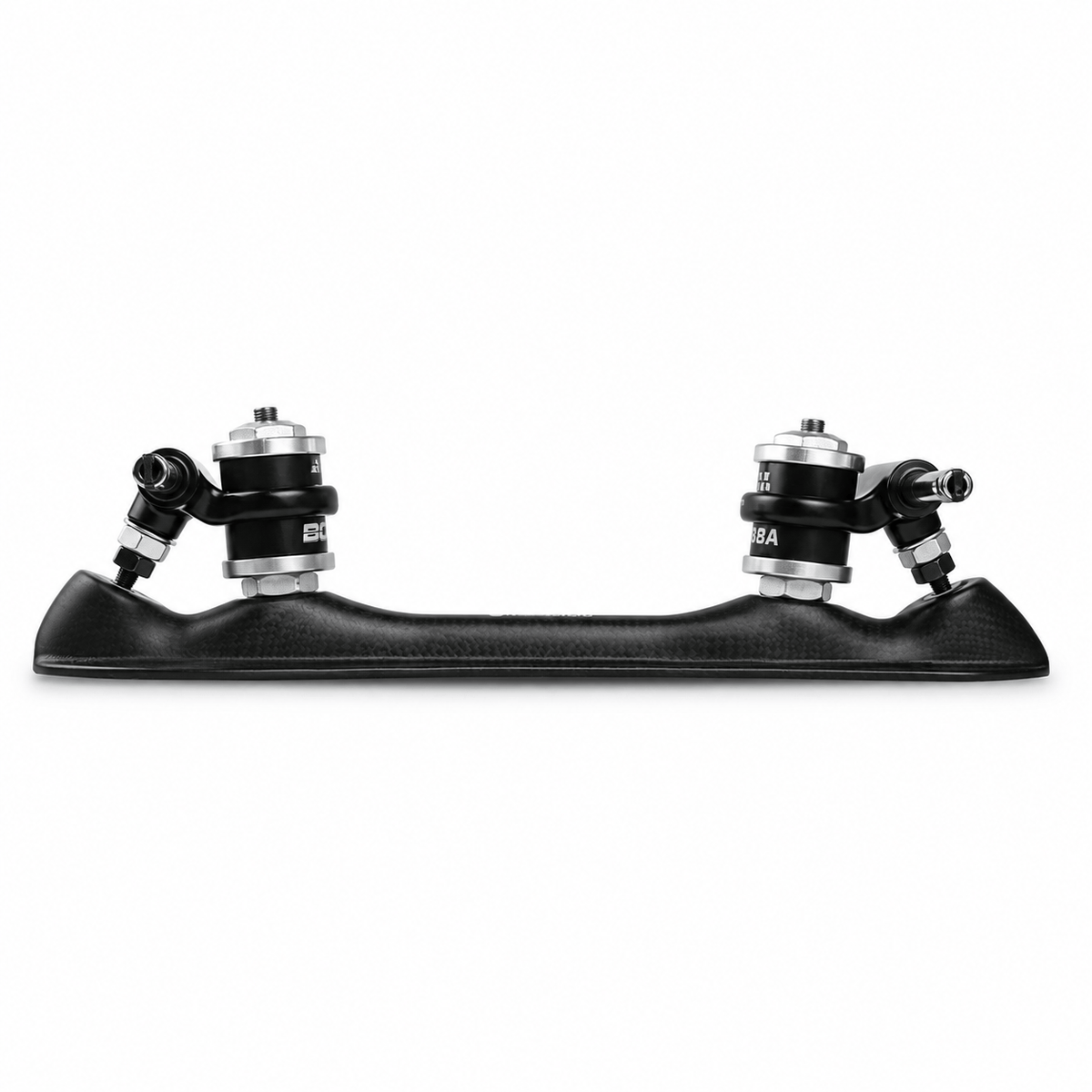 Side profile showing the curved matte carbon body and double-barrel cushion assemblies